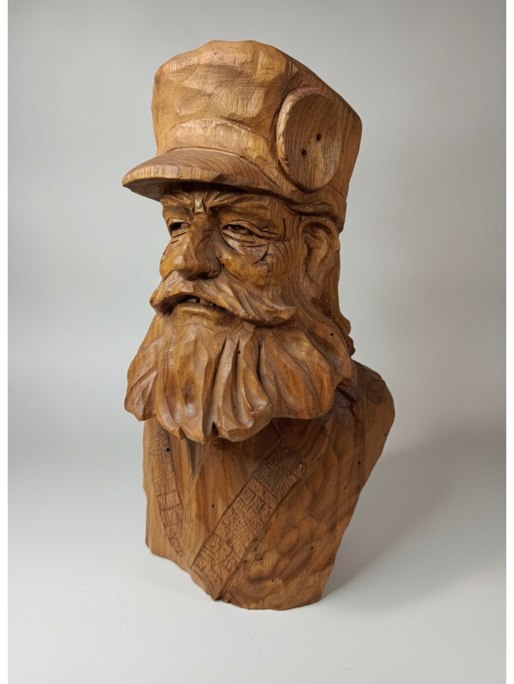 Vintage Hand-carved Rustic Folk Art Wooden Bust Man in a Cap 12"
